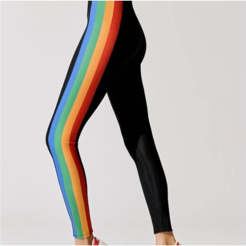 Beach Riot‎ Sport Black Ribbed Leggings Rainbow Stripe Athleisure Activewear XS